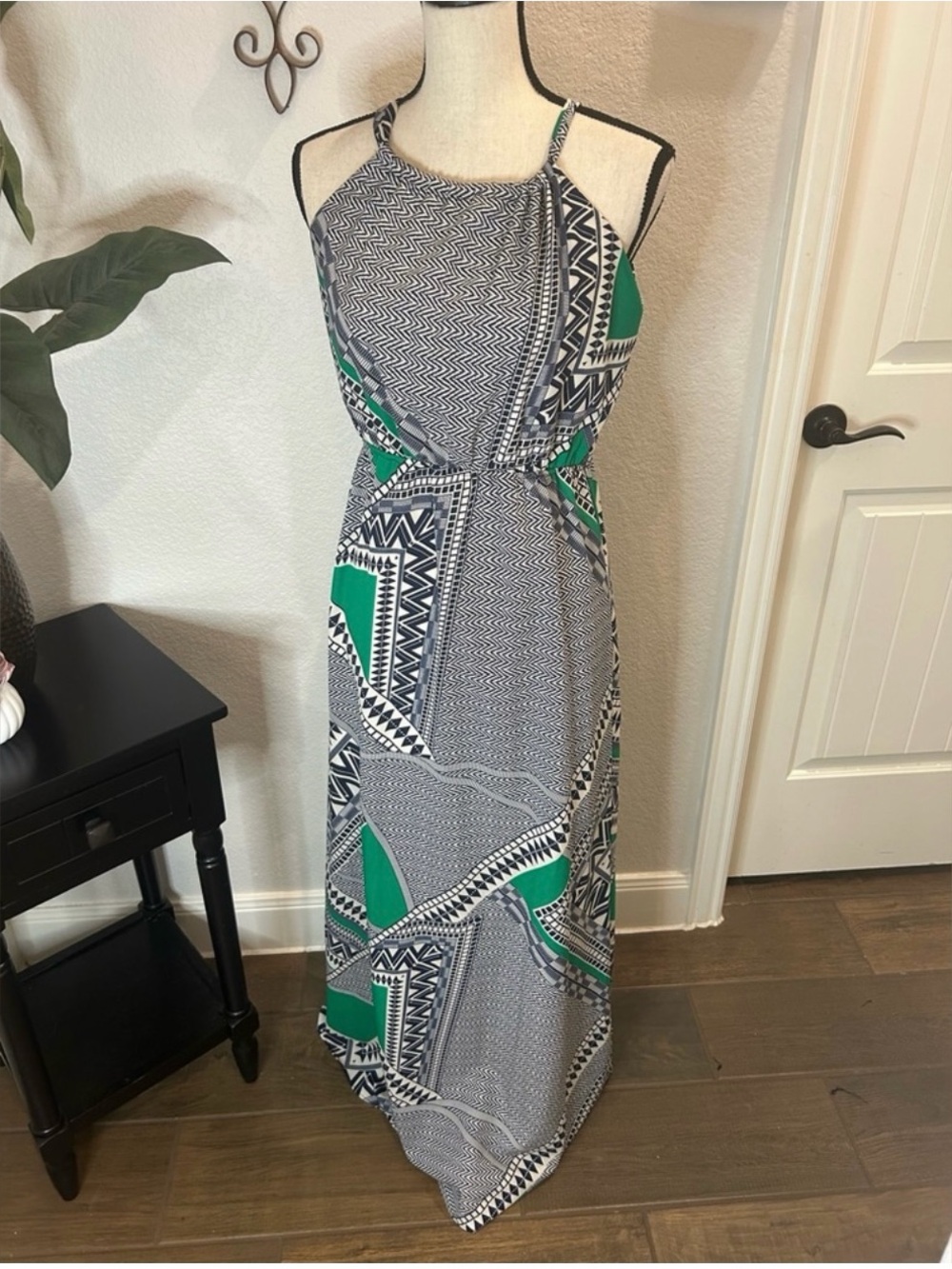 Alya Black & Green Geometric Halter Maxi Dress
